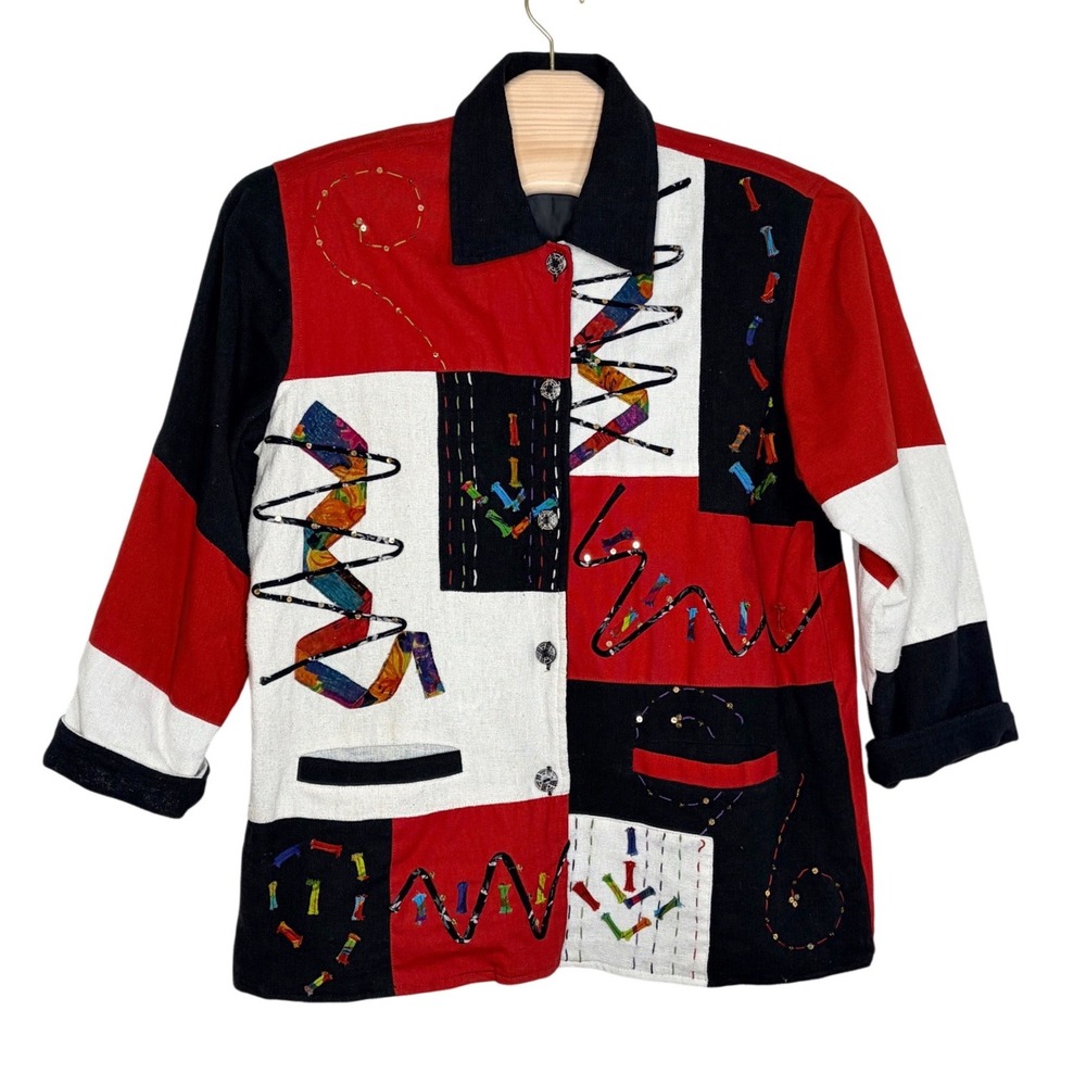 Yak Magik Jacket XL Red Black Colorblock Patchwork Art to Wear Sequin Embroidery